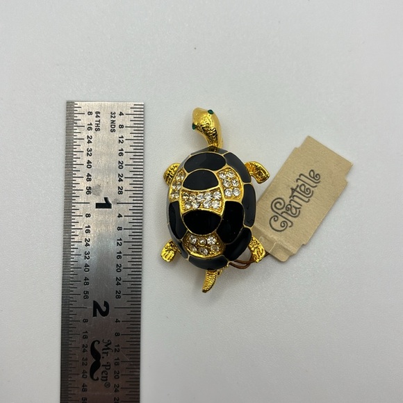 Chantelle Gold and Black Turtle Pin Faux Crystals Green Eyes Brooch‎ Tortoise - Picture 5 of 5